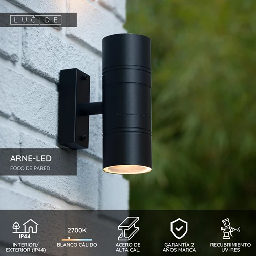 Lucide ARNE-LED - Foco de pared / Lámpara de pared Dentro/Fuera - Ø 6,3 cm - LED - GU10 - 2x5W 2700K - IP44 - Negro - USP